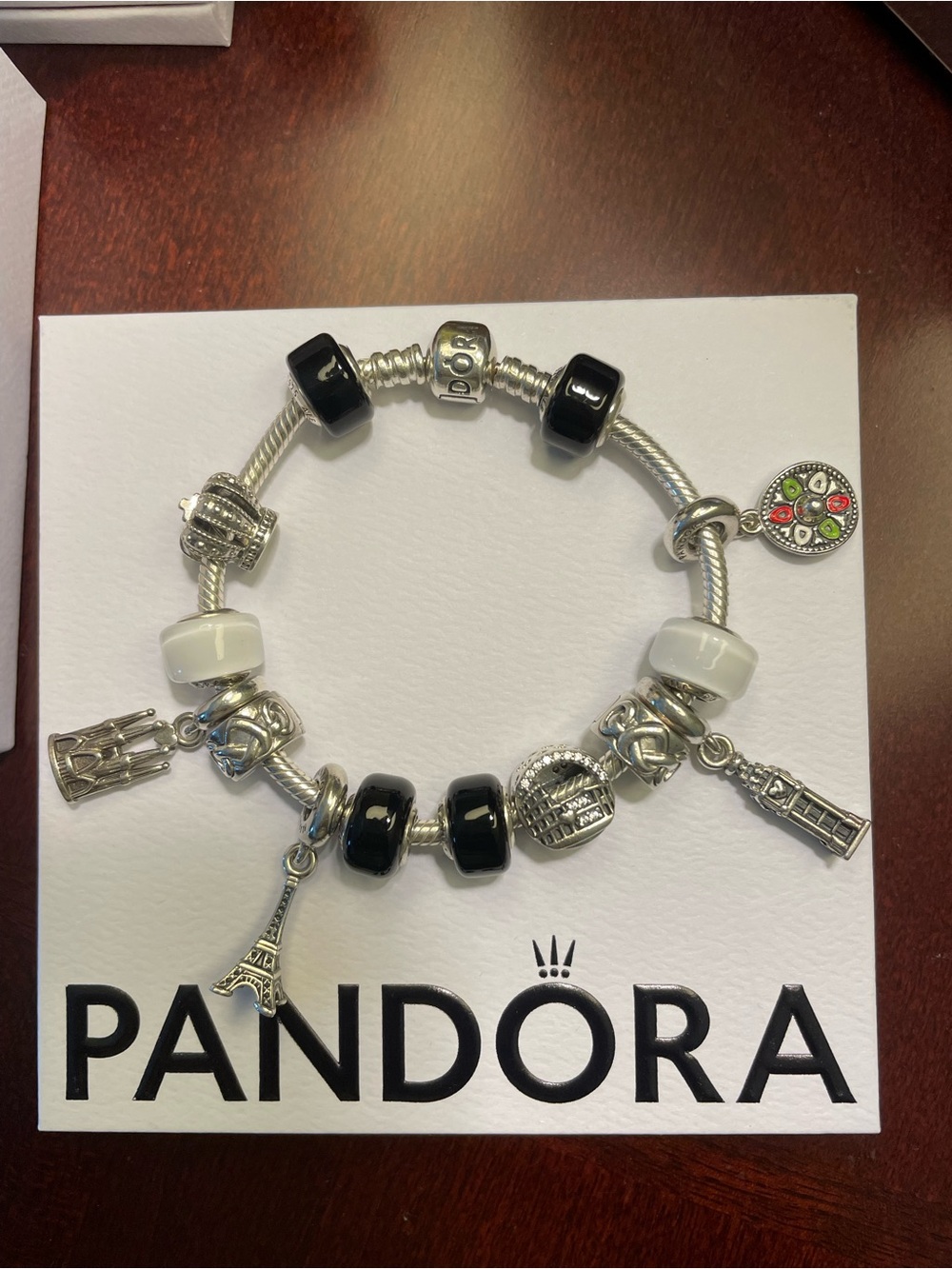 Pandora Black and White Charm Bracelet with Silver Travel Charms